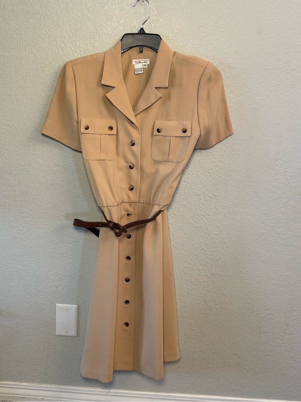 VTG Talbots 90s Beige Utility Safari Shirt Dress Size 10 Belted Made In USA
